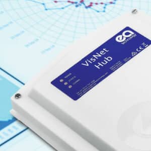 A close up shot of our VisNet Hub product, that has been laid on desk